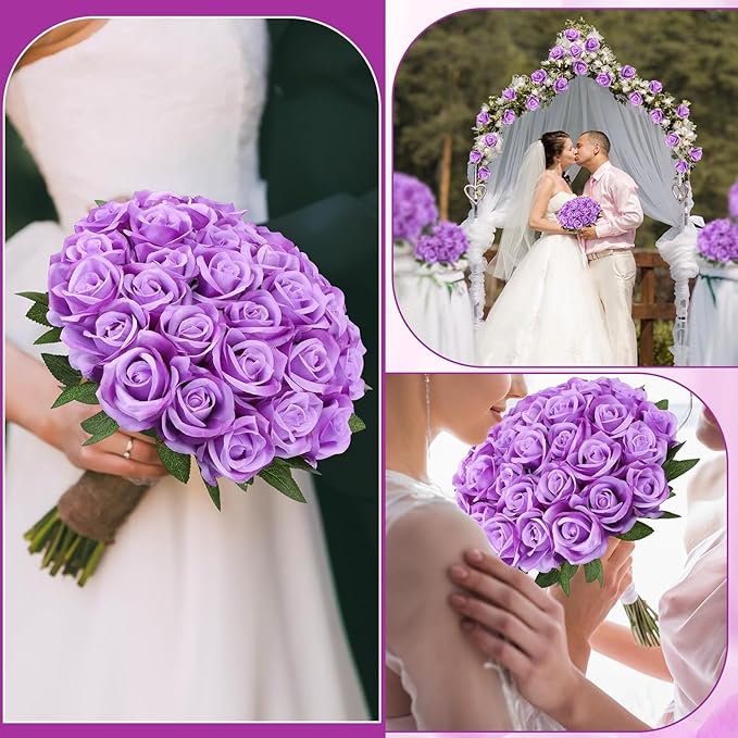 150 Pcs Roses Artificial Flowers, Silk Purple Artificial Flowers Petals Long Stem Roses for Wedding Bouquet Home Party Decor