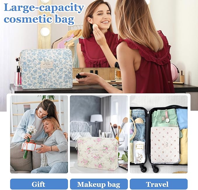 2PC Makeup Bag Set, Cute Cosmetic Bag for Women Girls, Floral Coquette Aesthetic Toiletry Bag, Travel Make Up Organizer Bag (Pink Rose)