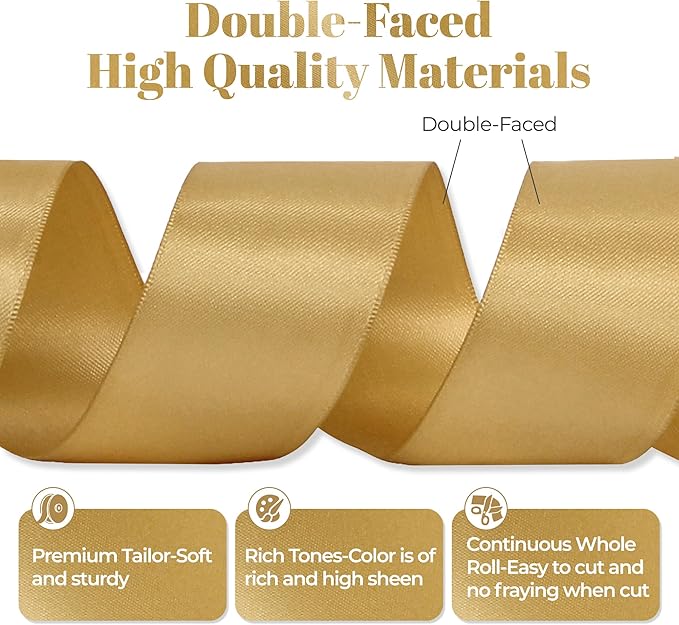 Light Gold Satin Ribbon, Double Faced 2 Inch X 50 Yards, Premium Polyester Satin Ribbon for Gift Wrapping, Crafts, Wedding Decor