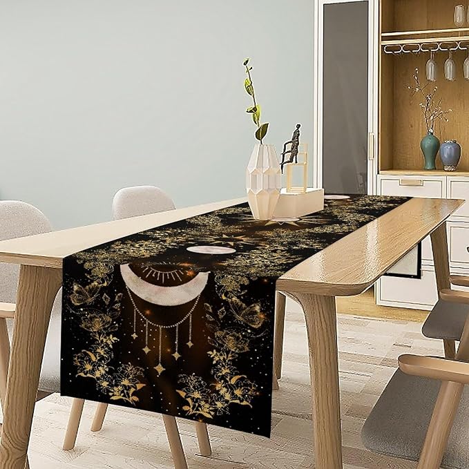 Boho Floral Table Runner, Spring Gothic Moon Phase Wildflower Mystical Witchy Farmhouse Coffee Table Center Decor for Home Kitchen Dining Patio Holiday Party Table Decorations 13x72 inches