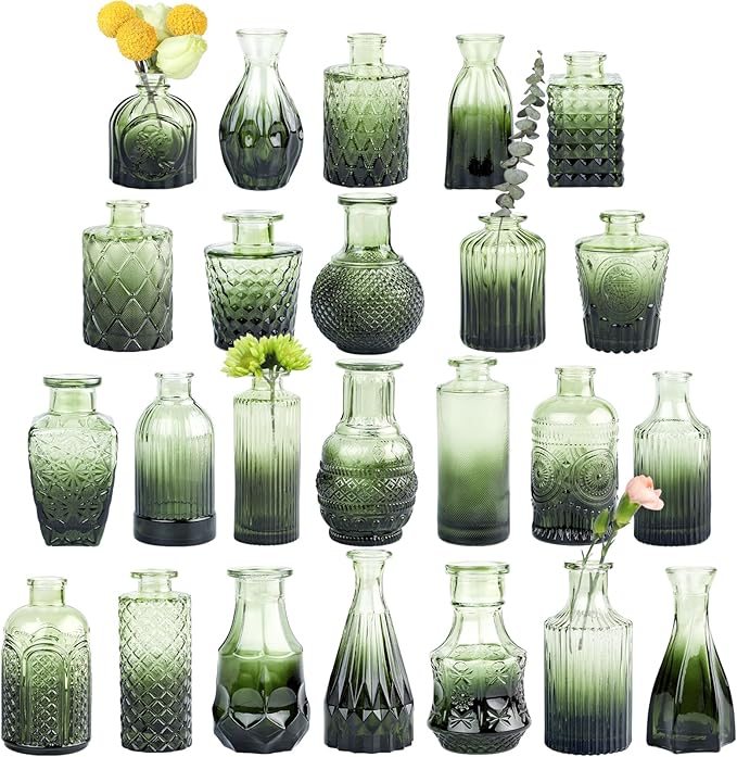 Glass Bud Vase Set of 24, Small Green Flower Vases for Centerpieces in Bulk, Mini Vintage Vase for Wedding Decor, and Home Table Décor