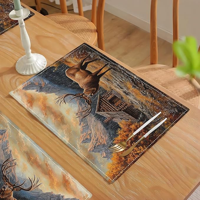 Farmhouse Deer Placemats Set of 4, Country Natural Place Mats, Rustic Forest Lodge Elk Wildlife Dining Table Mats, Washable Placemats for Kitchen Dining Room 18L'' × 12W''