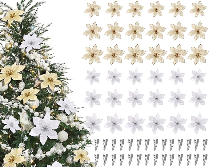WILLBOND 24 Pcs 3 Size Poinsettia Flower Artificial Christmas Decor Glitter Poinsettia Christmas Ornaments Faux Flowers for Xmas Tree Outdoor(3.2/4/6 Inches,Gold and Silver)