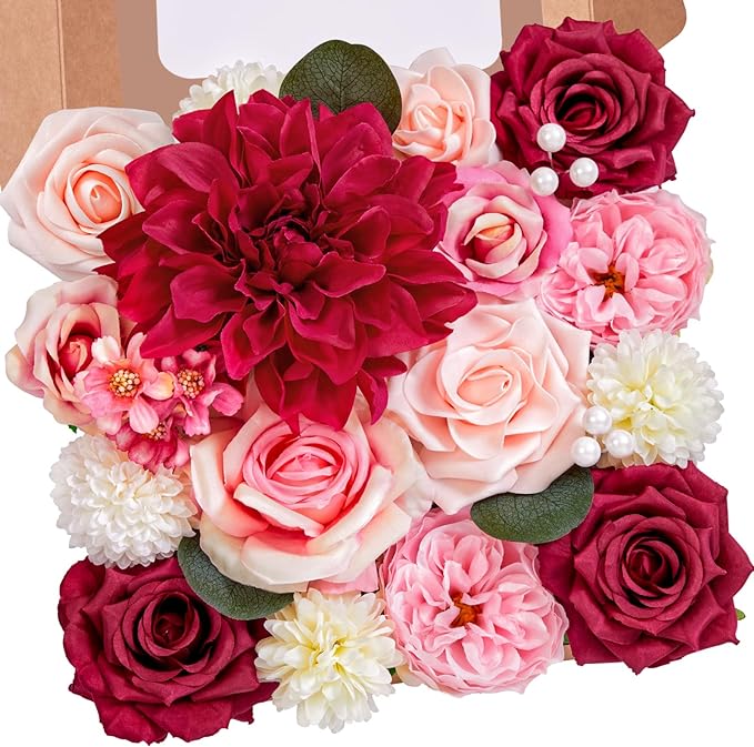 Serwalin Burgundy Hot Pink Artificial Flowers Silk Flowers Fake Cake Flowers Arrangements for DIY Wedding Bouquets Party Table Centerpieces Home Decorations Indoor Outdoor