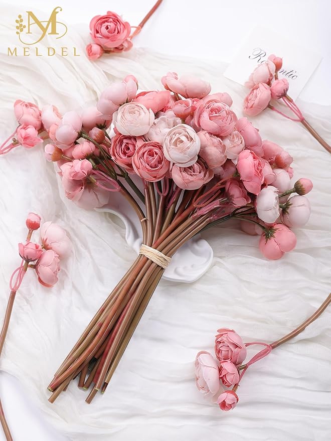 Meldel 32Pcs Ranunculus Artificial Flower, Faux Dusty Rose Ranunculus Flowers for DIY Bouquet, Mini Roses Bulk Fake Peony Wedding Filler Flowers for Centerpieces Arrangements Bridal Shower Decorations