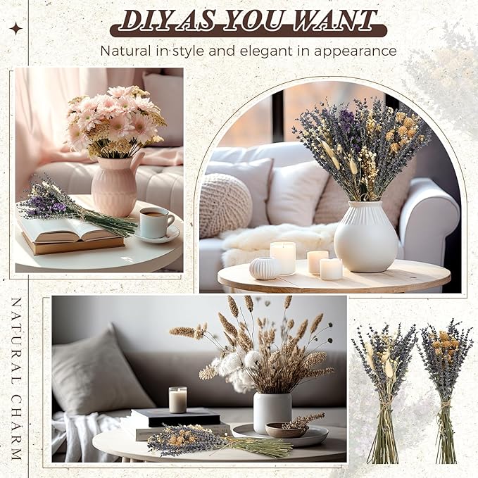 Layhit 4 Pack Large Size Boho Dried Flower Bouquet 15-17 Inch Wedding Handmade Dry Flowers for Vase Crafts DIY Photo Boutonniere for Men Floral Plant for Bridesmaid Gift Birthday Decor(Lavender)