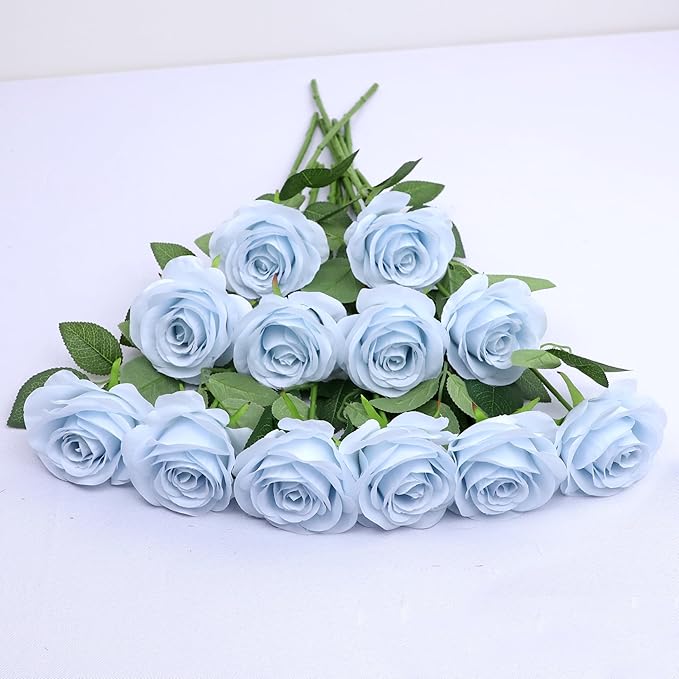 12pcs Roses Artificial Flowers Real Touch Fake Flowers with Long Stems Silk Flowers for Wedding Bouquet Centerpices Decorations Party Bridal Baby Shower Home Decor (Light Blue)