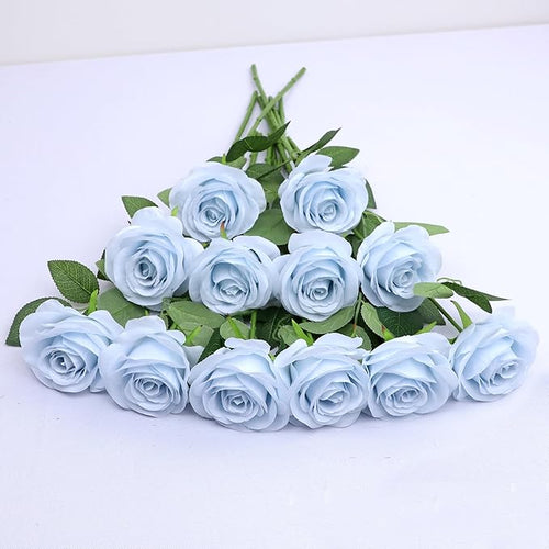 12pcs Roses Artificial Flowers Real Touch Fake Flowers with Long Stems Silk Flowers for Wedding Bouquet Centerpices Decorations Party Bridal Baby Shower Home Decor (Light Blue)