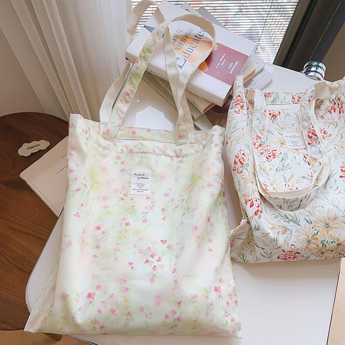 Cotton Canvas Tote Bag Reusable Soft Grocery Cloth Bag Floral Shoulder Bag for Beach Travel Shopping