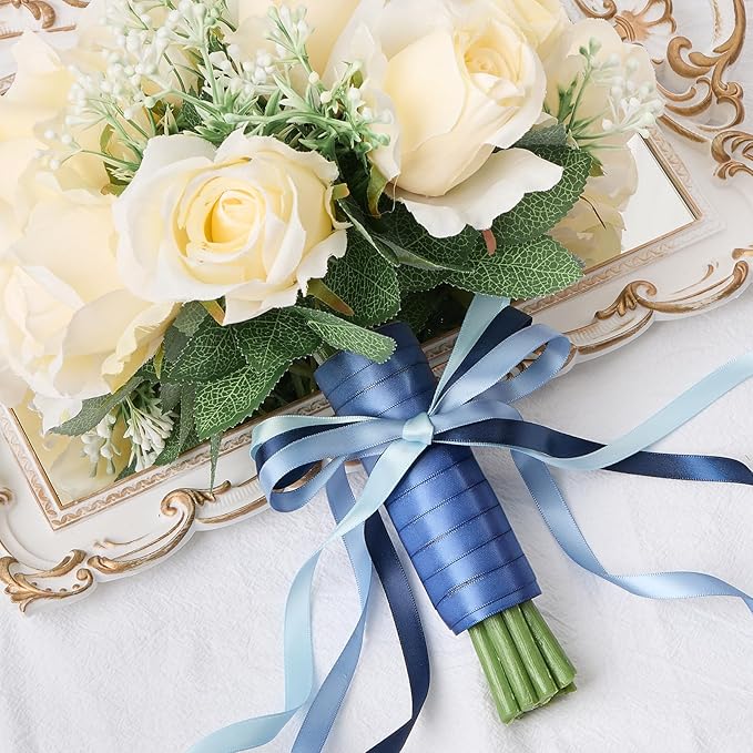 3/8 Inch Dusty Blue Satin Ribbon, 4 Rolls Total 40 Yards, Double Faced Mixed Blue Thin Fabric Ribbon for Gift Wrapping, Flower Bouquets, Crafts, Wedding Decorations