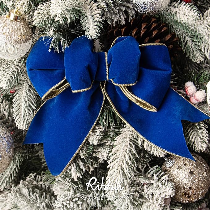 Ribbli Royal Blue Velvet Wired Ribbon 4 Inch Luxury Matte Velvet Christmas Ribbon for Gift Wrapping Christmas Tree Decoration Crafts Wreaths Supplies - 10 Yards
