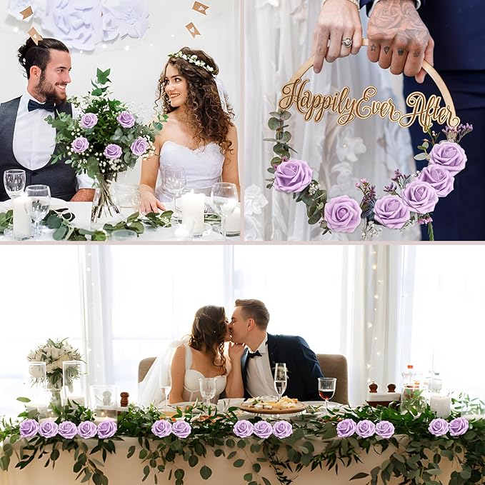 Artificial Flowers 50PCS Light Purple Roses Real Looking Foam Fake Roses with Leaves and for DIY Wedding Bouquets Bridal Shower Centerpieces Party Decorations (Lilac)