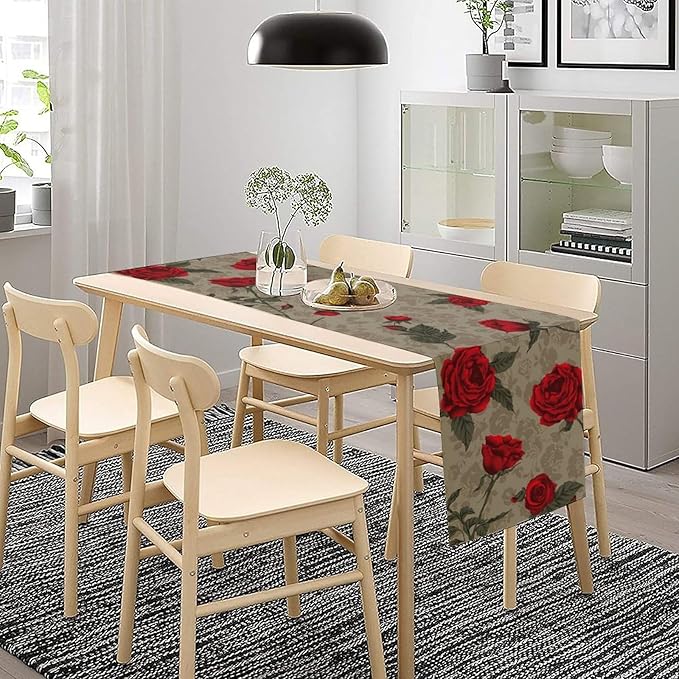 Red Rose Print Table Runner, Romantic Vintage Rose Spring Summer Dinner Runner Table Decoration for Home Kitchen Dining Holiday Wedding Party 13x70in