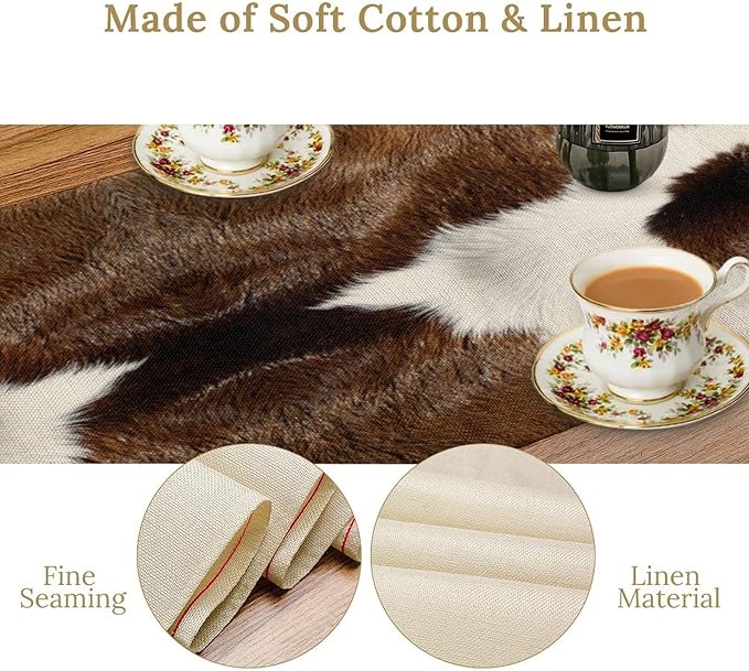 Cow Skin Print Table Runner Farmhouse Western White Brown Cowhide Rustic Cottage Country Seasonal Spring Fall Kitchen Dining Table Decoration for Home Party Dinner 13x108cm