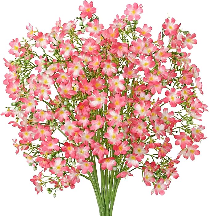 Artificial Flowers 8PCS Silk Flowers with Long Stems, Fake Flowers Bulk Fake Babys Breath, Pink Flowers for Tall Vase Outdoor Garden Wedding Party Home Table (Pink, 8PCS)