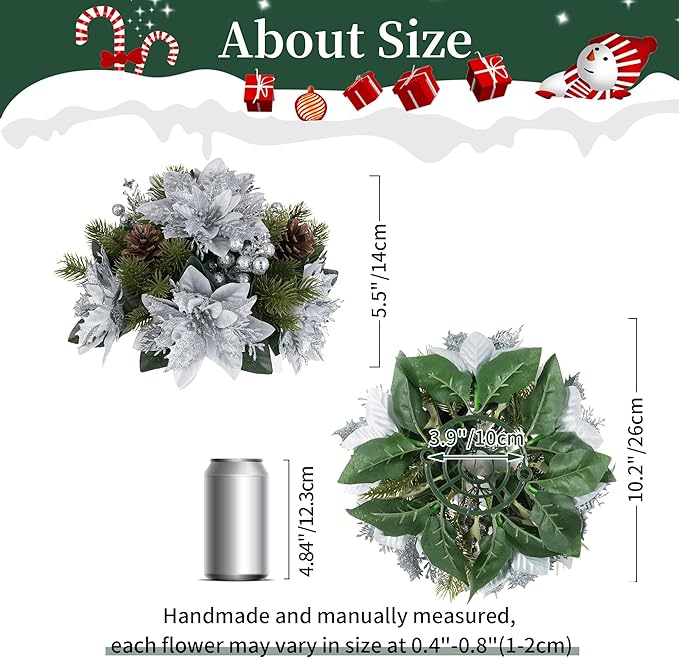 BLOSMON Poinsettias Artificial Christmas Flowers: 6 Pcs Silver Glitter Fake Christmas Floral Ball Centerpieces Decoration for Tables Silk Faux Poinsettia Holiday Flower Arrangement Xmas Plants Decor