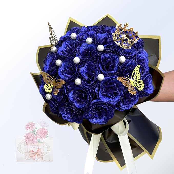 Glitter Roses Bouquet, Shiny Artificial Roses Flowers with Stems DIY Fake Glitter Flowers Bouquet for Valentine's Day, Mother's Day, Anniversary, Graduation, Birthday, Wedding, 36 Roses (Blue)