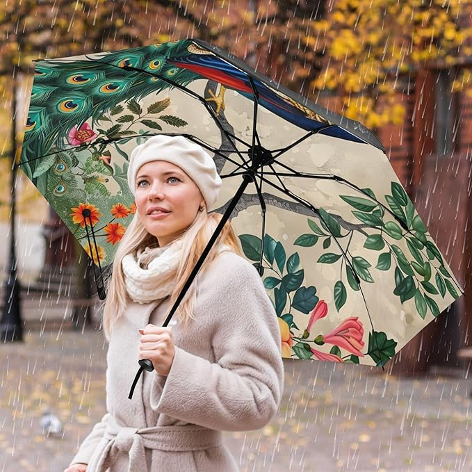Automatic Folding Umbrella Windproof Strong, UV Protection Compact Floral Hydrangea Hummingbird Sun Rain Sun Rain Travel Umbrellas for Women Men