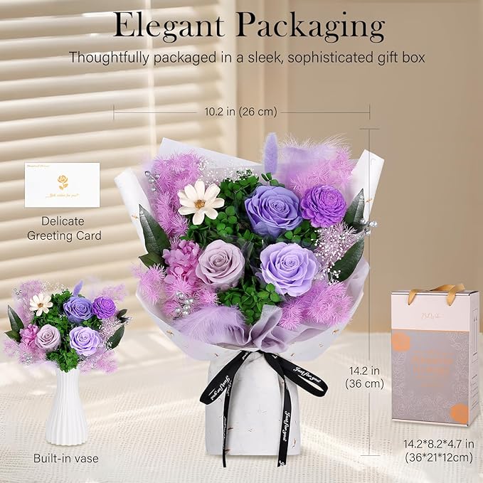 Preserved Flowers Bouquet - Forever Flowers for Delivery, Real Eternal Roses Bouquet Gifts for Women Mother Mom Girlfriend Wife Anniversary Birthday Present for Her, Light Purple