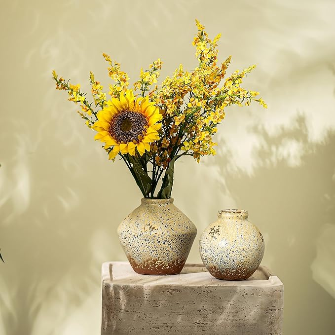 Ceramic Rustic Farmhouse Decor, Pottery Decorative Flower Vases, Boho Vase for Centerpieces,Office, Living Room, Dining Table, Entryway, Shelf, Mantel(Height 6.7 inch-Blue Ink)