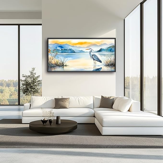 Heron Bird Large Decor Wall Art Mountain Landscape Framed Pictures for Living Room, Oversized Canvas Print Painting Modern Extra Large Framed Artwork for Bedroom Office Home Decor 60"x30"