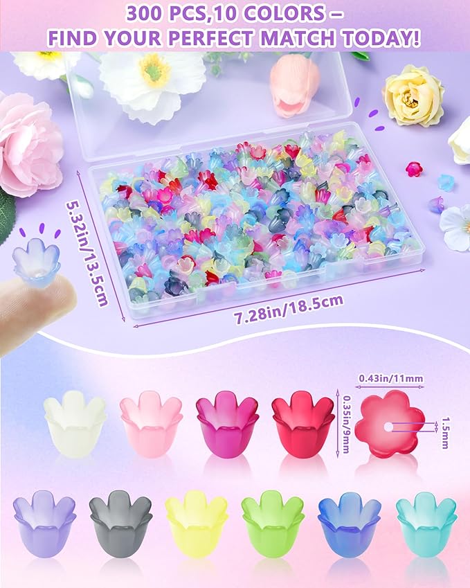 FIVEIZERO 300PCS Acrylic Lily Bell Flower Bead Caps, 10 Colors Trumpet Floral Beads Charms for Bracelets, Necklaces & DIY Jewelry Making Crafts
