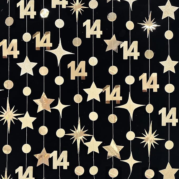 Champagne Gold 14th Birthday Decorations Number 14 Circle Dot Star Garland Streamer Banner Backdrop for Girls Boys Cheers to 14 Years Old Birthday Happy 14th Anniversary Party Supplies
