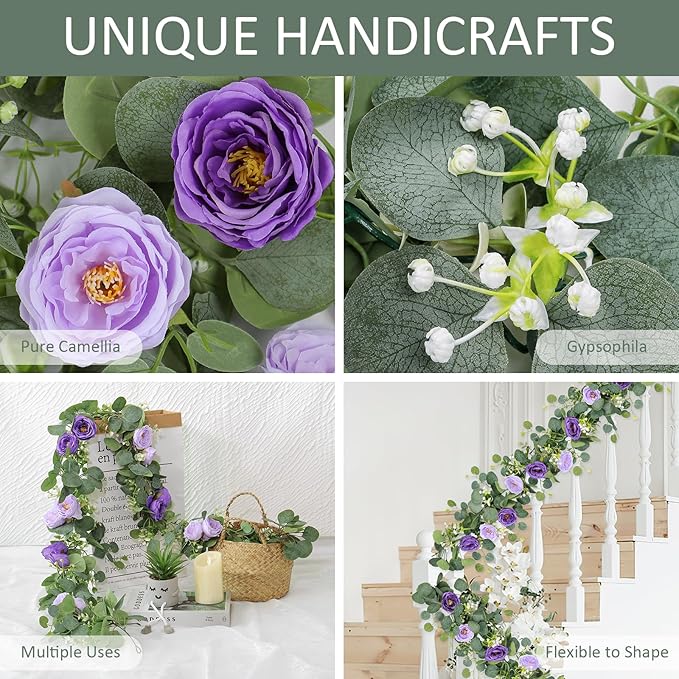 TOCHGREEN 2 Pack 13Ft Artificial Eucalyptus Flower Garland with Purple Roses, Fake Rose Flower Greenery Garland Floral Vines for Wedding Home Party Table Runner Decor (Purple, 2PCS)