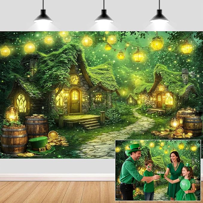 10X8ft St. Patrick's Day Backdrop Magic Enchanted Forest Green House Lucky Irish Shamrock Gold Coins Wonderland Photography Background for Kids Girls Party Decoration Cake Table Photo Booth Props