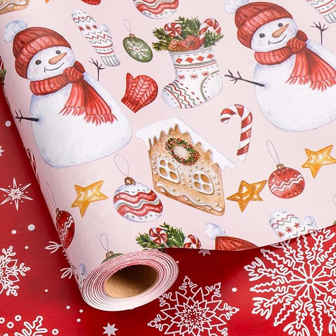 MAYPLUSS Christmas Wrapping Paper Roll - 17 Inch X 33 Feet - Cute Snowman Christmas Hat Gloves Reversible Snowflake Gift Wrapping Paper, Thick Wrap Paper for Holiday Party New Year Kids