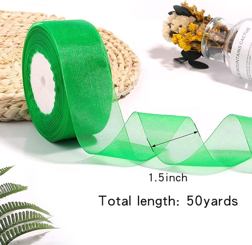 1.5 inch Sheer Organza Ribbon Green Chiffon Ribbon for Gift Wrapping Christmas Halloween Decoration Wedding Flower Bouquet Crafts 50 Yards