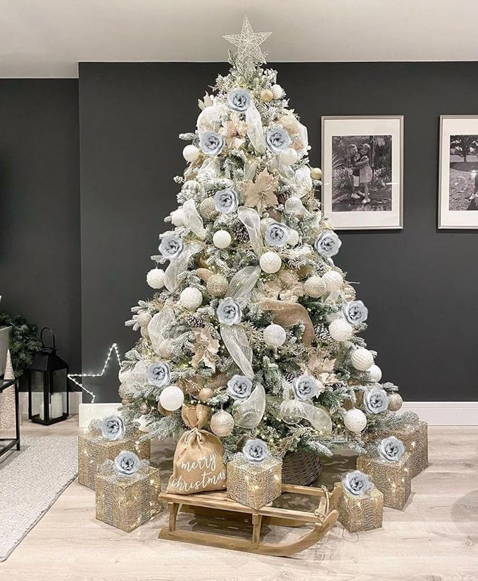Glitter Roses Bouquet,30PCS Silver Roses Fake Roses Artificial Flowers for Wedding Bouquet Party Christmas Home Decor(Silver)