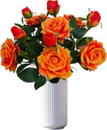 ATFL Fake Sunset Red Flowers, 6 Pcs Faux Silk Real Touch Moisturizing Artificial Rose Flowers for Wedding Decor,Flores Irosas Artificiales para Decoracion(6, Orange)
