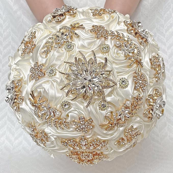Handmade Satin Rose Floral Bling Pearl Decor Bridal Wedding Bouquet Rhinestone Pendant Artificial Brooch Flowers for Bride Bridesmaid Quinceanera