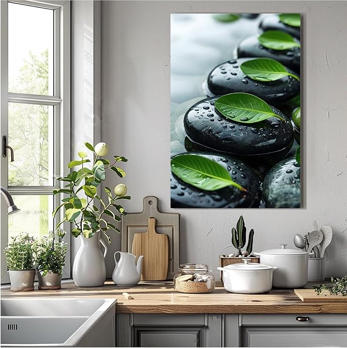 Glittering black stone cluster with fresh green leaves and water drops poster tranquil mist rain wall art zen wall art suitable for modern minimalist home decor 20x30in Wood Framed