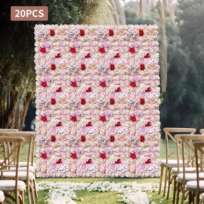 20 Pack Flowers Wall Panels Artificial Floral Wall Mat Handmade 3D Silk Rose Hydrangea Dahlia Floral Panels for Photo Background Home Party Wedding Backdrop Decoration, 24 x 16 inch (E)