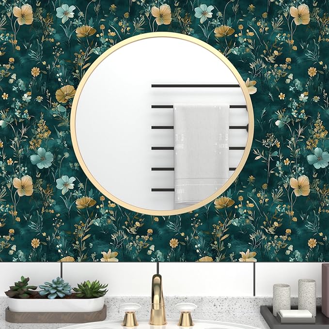 Teal/Blue/Yellow Floral Peel and Stick Wallpaper Boho Wallpaper 17.5"x118" Vintage Wildflowers Contact Paper Waterproof Self Adhesive Modern Stick on Wall Paper for Bedroom Walls Table Cabinet