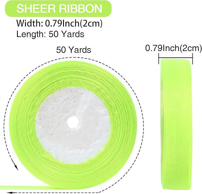 3/4 Inch x 50 Yards Sheer Organza Ribbon Chiffon Ribbon for Gift Wedding Flower Bouquet Wrapping Decorations Crafts (Fluorescent Green)