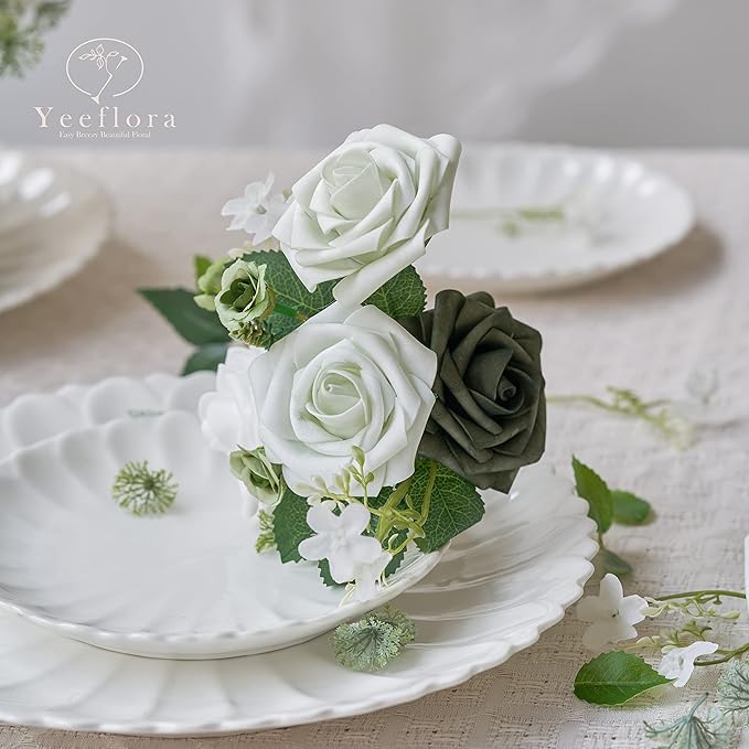 Artificial Flowers, Artificial Rose 50pcs for DIY Wedding Bouquets Centerpieces Arrangements, White Foam Rose with Stem for Bridal Shower Party Home Decorations