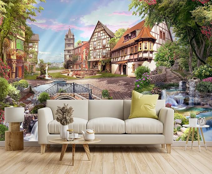 Flowery Waterfall and Beautiful Street Scene in The Sunshine Wall Mural for Living Room, Bedroom, Bathroom Backdrop Decoration（Non-self-Adhesive）