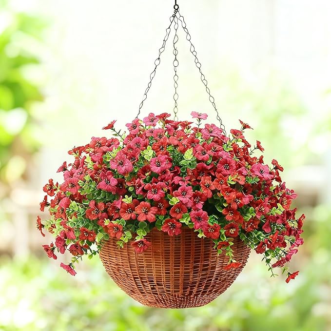 16 Bundles Artificial Flowers for Outdoors–Realistic Silk Mums in Red & Rose Red Mix-UV Resistant Faux Flowers for Garden Yard Patio Porch Home Wedding Décor