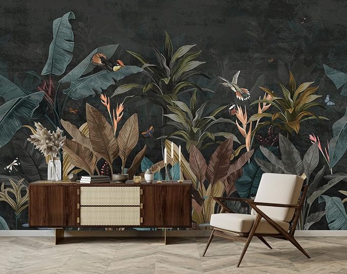 Dark Jungle Wallpaper Peel and Stick Tropical Plant Leaves Self Adhesive Mural for Living Room Bedroom 137"x100"