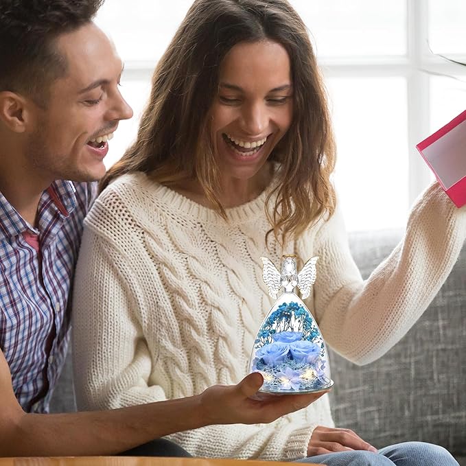 Christmas Rose Gifts for Women Preserved Real Flower in Glass Angel Figurines Roses for Delivery Prime Birthday Gifts for Mom Grandma Girlfriend Wife Her, Sky Blue