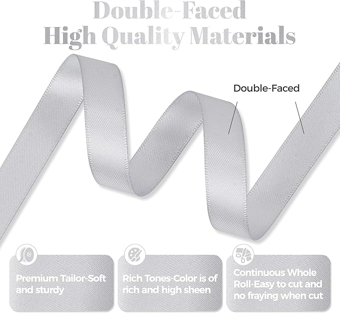 Silver Satin Ribbon, Double Faced 1/2 Inch X 25 Yards Silver Ribbon, Premium Satin Ribbon for Gift Wrapping, Crafts, Hair Bow Making, Sewing, Flower Bouquet, Wedding Party Decor