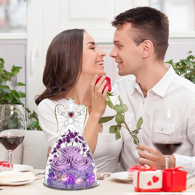 Mothers Day Rose Gifts for Women, Large Angel Figurines with Real Roses, Preserved Real Flower Rose for Her, Light Purple