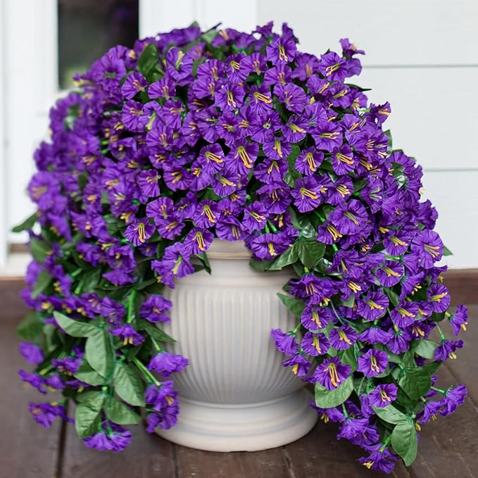 Artificial Faux Hanging Flowers Plants for Outdoor Outside Summer Decoration, 2 PCS Fake Silk Purple Morning Glory Trailing Vines UV Resistant Realistic for Porch Patio Balcony Planter