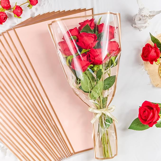 Mauproy 50 Pack Pink Flower Bags for Bouquets, 17.7 x 10.9 Inches Plastic Flower Sleeves Clear Front Floral Wraps with Ribbons for Christmas Florist Packaging Supplies