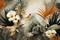 Flower Series Mural Colorful Leaves Seamless Wall Mural, Birds Resting on Flowers Wallpaper for Bedroom, Living Room, Bathroom Background Wall Decoration（Non-self-Adhesive）
