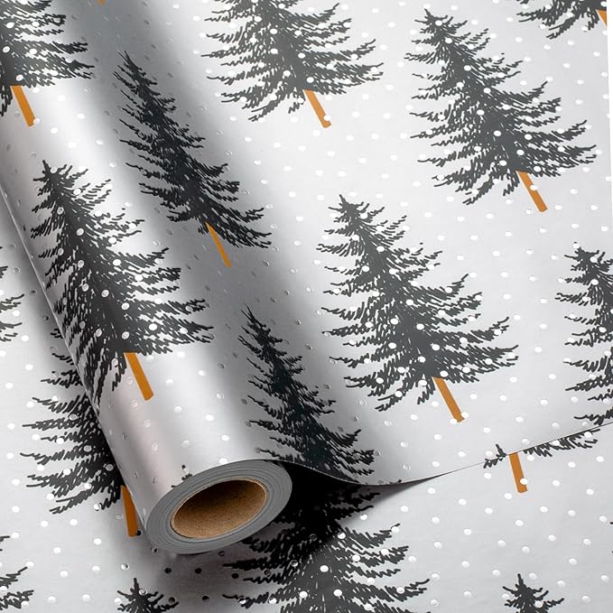 MAYPLUSS Christmas Gift Wrap Trees - 17 Inch X 33 Feet - Silver White Minimalist Christmas Trees Wrapping Paper Winter Festive Forest Present Sheet for Holiday, Seasonal Celebration