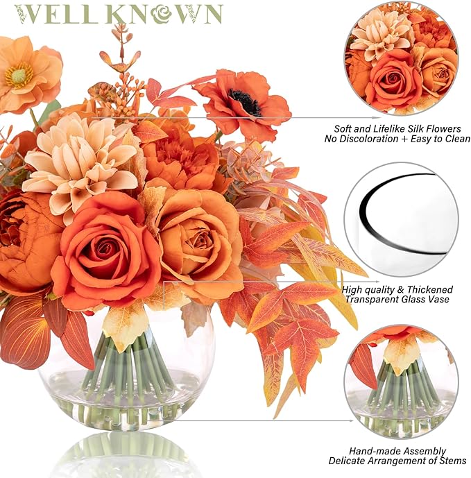 Artificial Flowers in Vase, Silk Rose Peony Dahlia Flower Bouquet Table Centerpieces with Faux Water for Winter Home Decor Fake Flowers Arrangement for Wedding Birthday Party Decor (Orange & Earth)